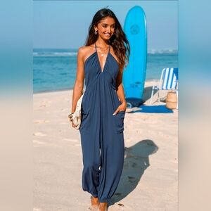 NWT Cupshe Deep Blue Halter Jumpsuit, Medium